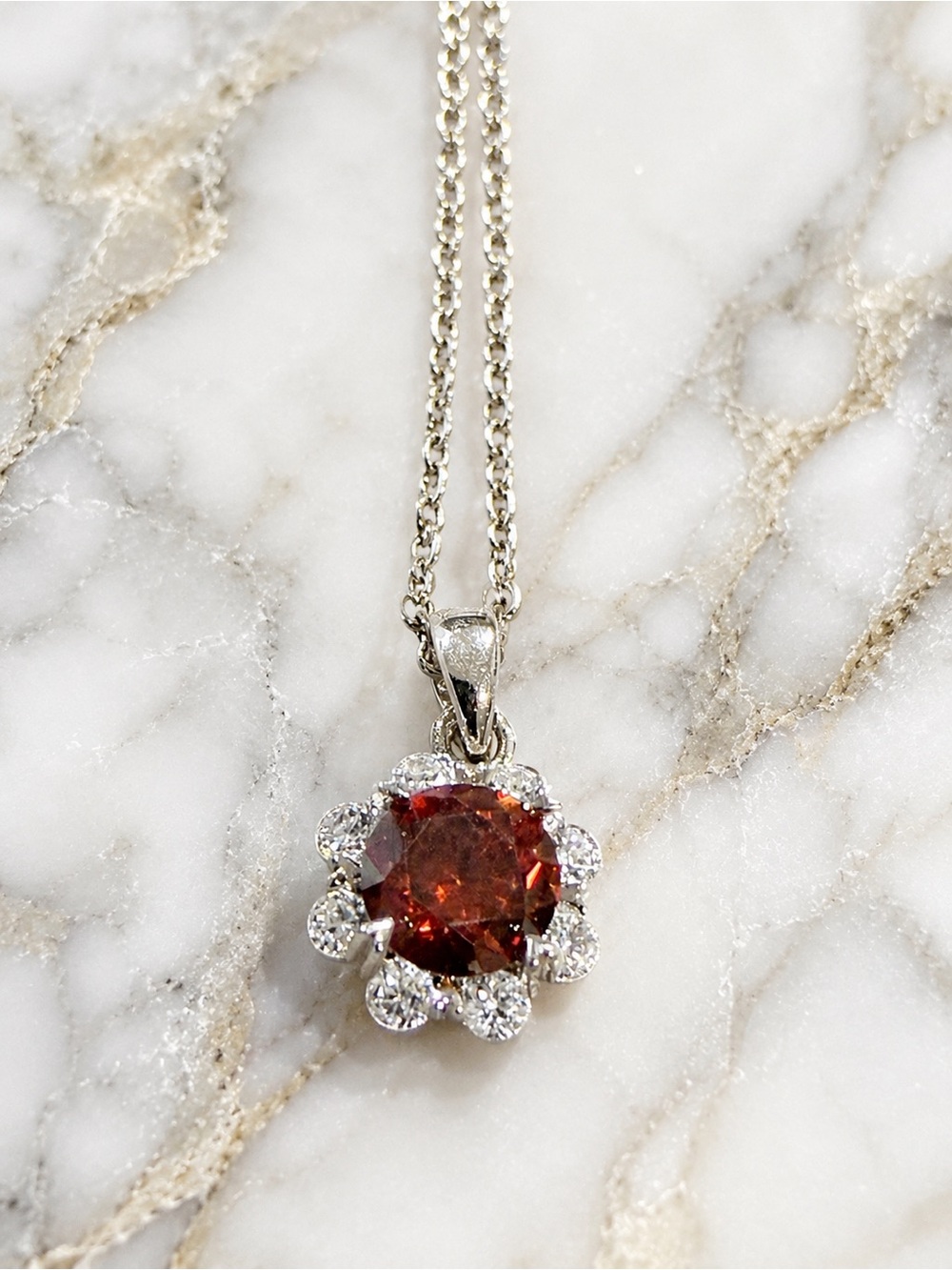 GRA Graded Watermelon Red Moissanite Halo Necklace | 1 Ct | Sterling Silver